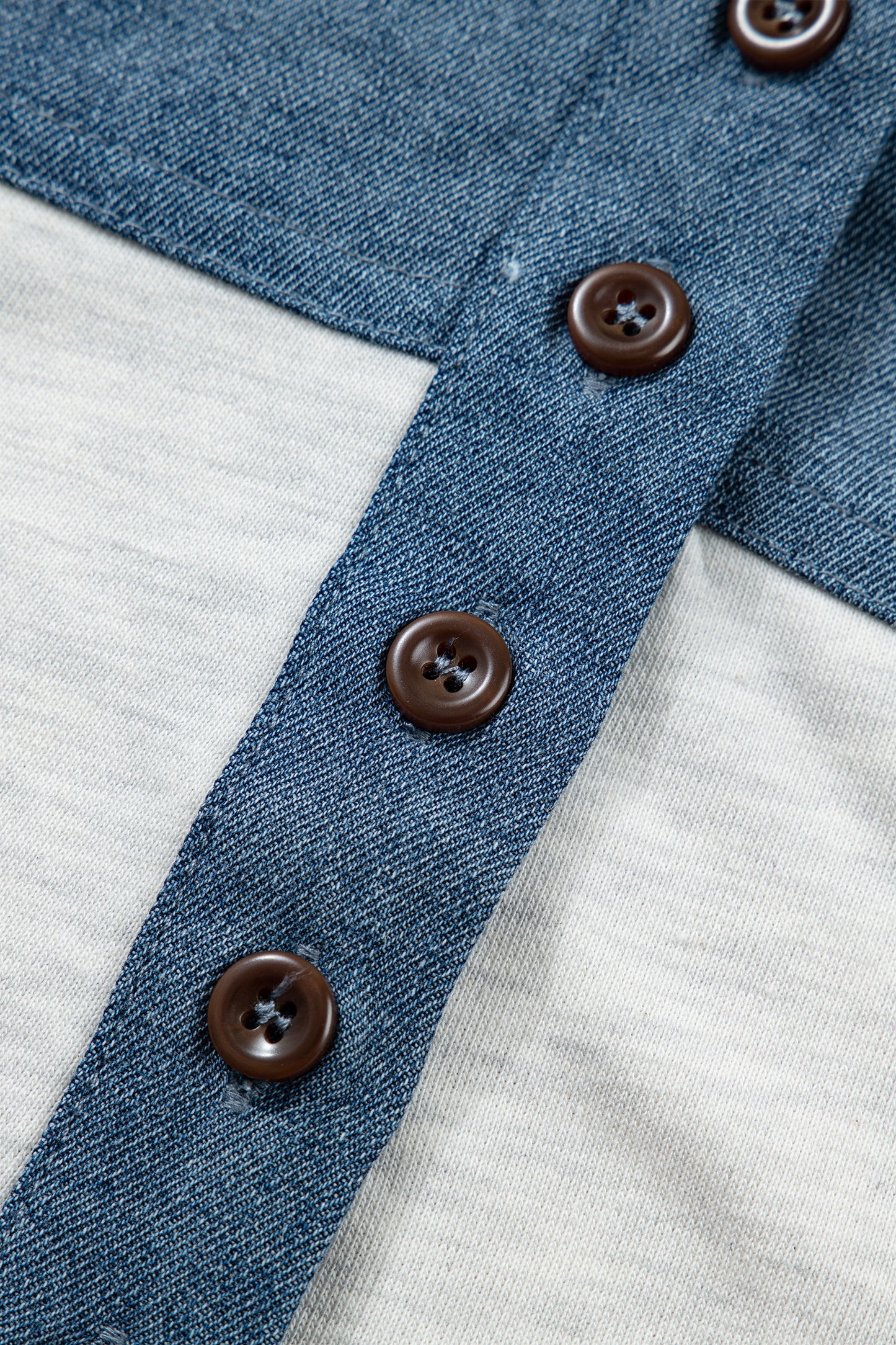 Light Grey Color Block Denim Patchwork Button Polo Collar Short Sleeve Top