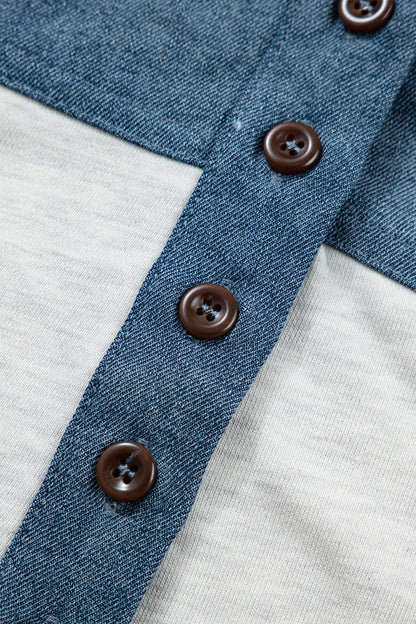 Light Grey Color Block Denim Patchwork Button Polo Collar Short Sleeve Top