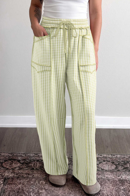Red Plaid Contrast Trim Drawstring Elastic Waist Shift Pants