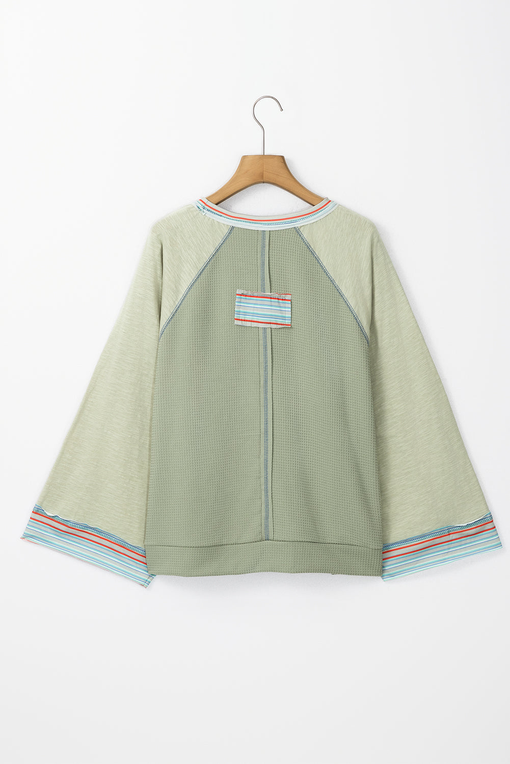 Meadow Mist Green Waffle Knit Wide Bracelet Sleeve Patchwork Raglan Top