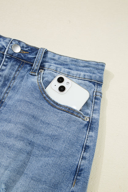 Myosotis Irregular Distressed Bottom Denim Midi Skirt