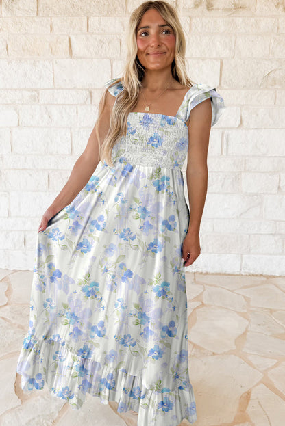 Sky Blue Floral Smocked High Waist Double Ruffle Sleeveless Long Dress