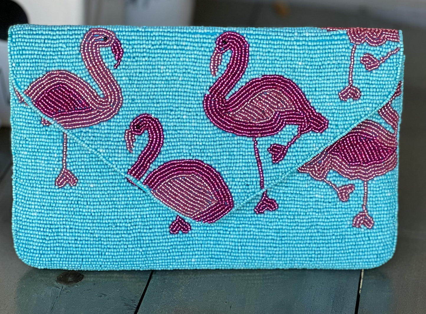 Flamingo Turquoise Seed Beaded Clutch Bag - OBX Prep