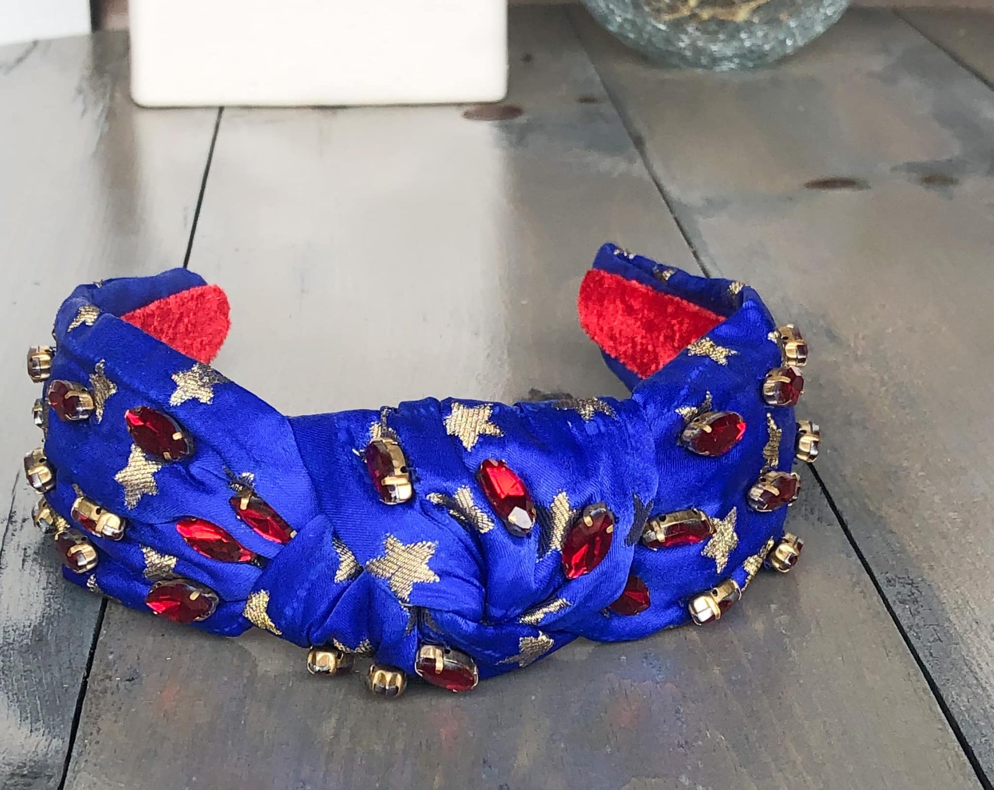 Patriotic Blue and Gold Star Jeweled Top Knot Headband 4th of July - OBX Prep