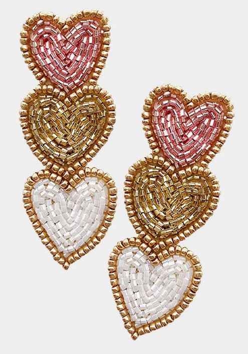Triple Hearts Seed Bead Dangle Earrings - OBX Prep