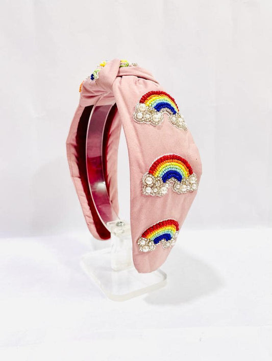 Pink Rainbow Seed Beaded Top Knot Headband - OBX Prep