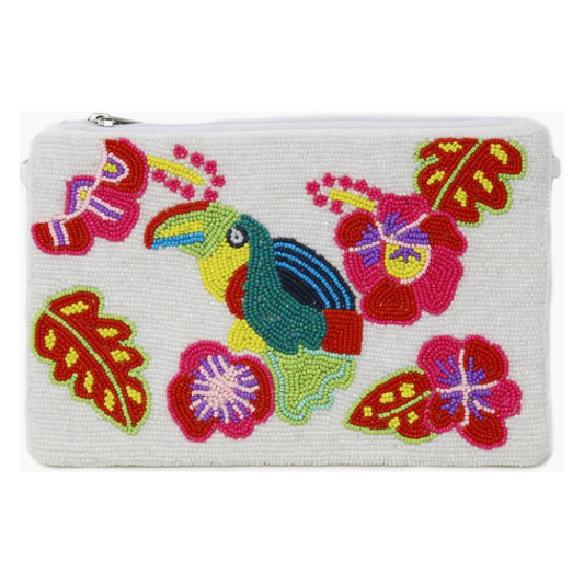 Toucan And Tropical Flower Seed Beaded Clutch Bag - OBX Prep