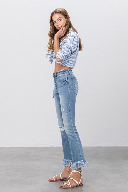 Long Bottom Frayed Crop Flare Jeans