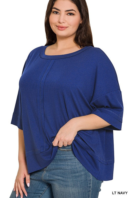 PLUS RIB BOAT NECK DOLMAN SLEEVE TOP W FRONT SEAM